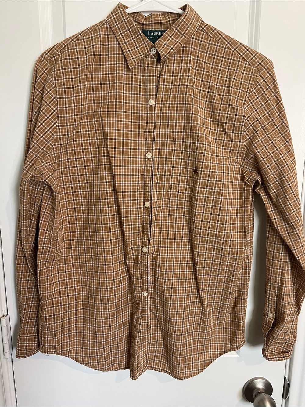 Lauren Ralph Lauren Tan and White Plaid Button-Down Shirt